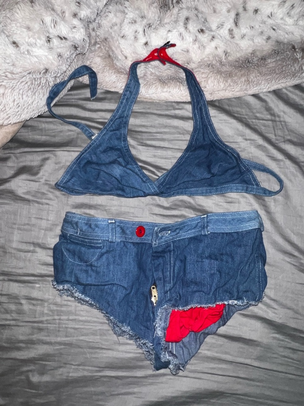 Vintage Denim Patch Short-Style Bikini Top/Bottoms with Red Appliqués